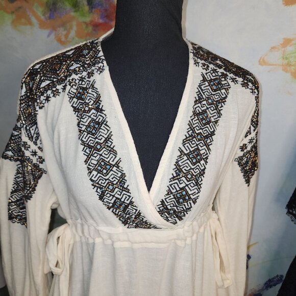 FreePeople Moonshiner Mini Embroidered Beaded Long Sleeve Dress With Tie Waist & - Picture 3 of 9